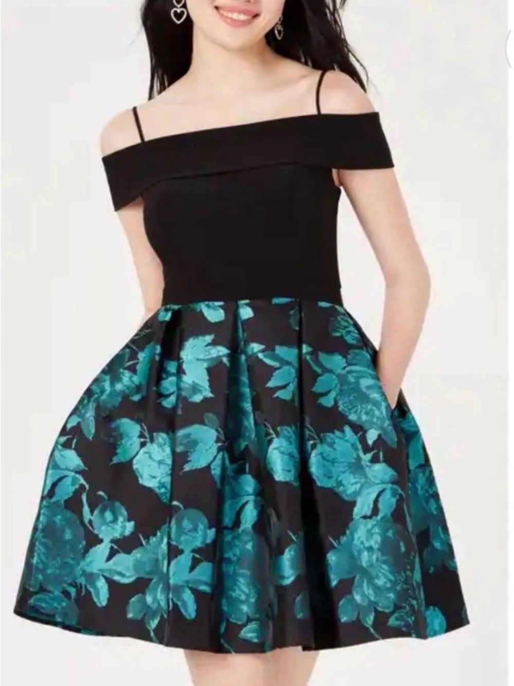 Morgan & Co. Black Off Shoulder Dress with Teal Floral Skirt